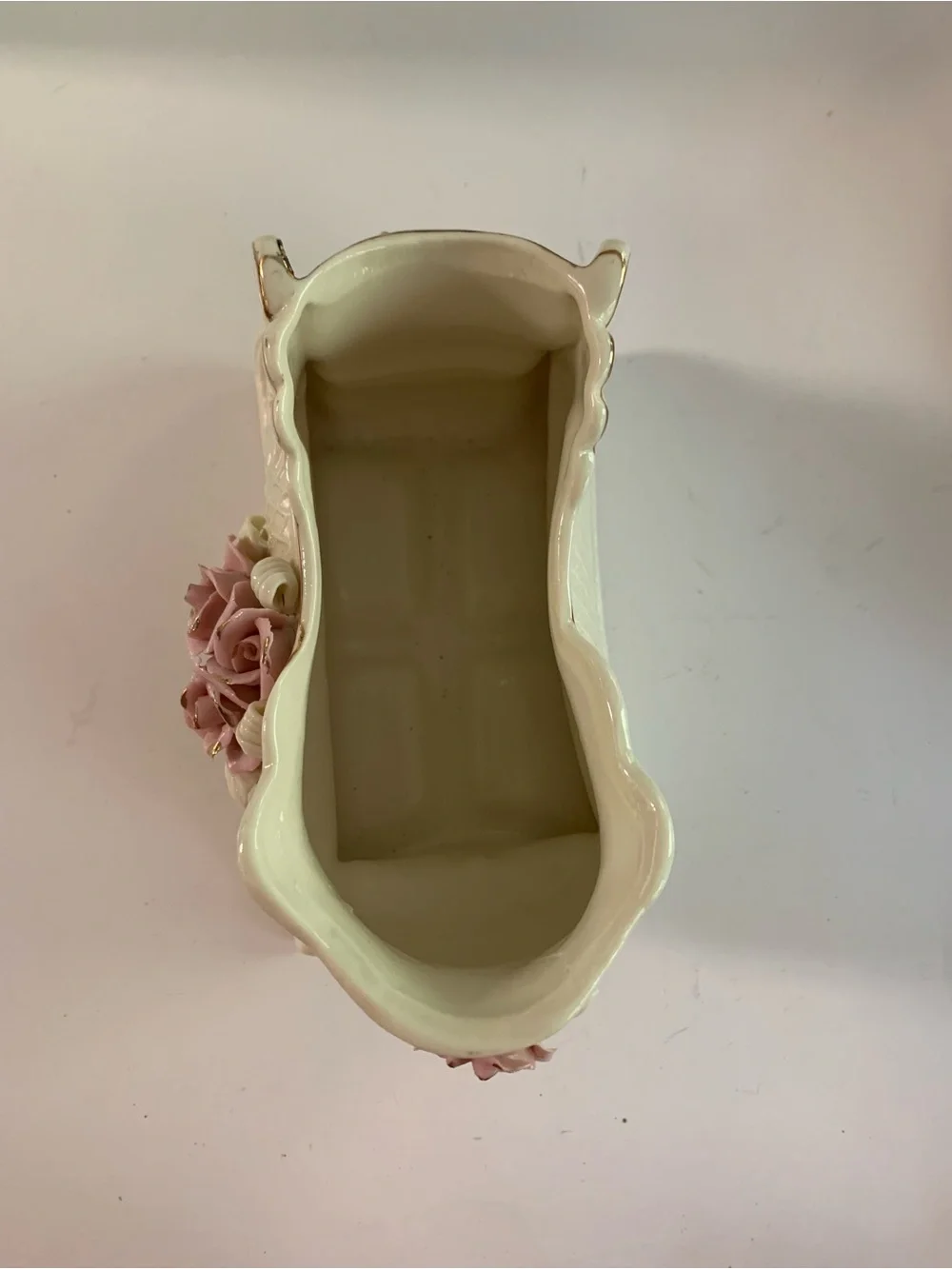 Ceramic Pink Rose Accent Vase - Antique White with Gold Trim